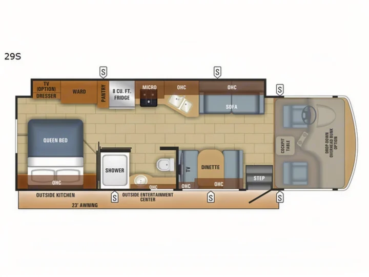 RV rental floor plan (29S) showing queen bed, kitchen, bath, dinette, sofa, cockpit, plus outside awning and kitchen.. Jayco Alante 2018