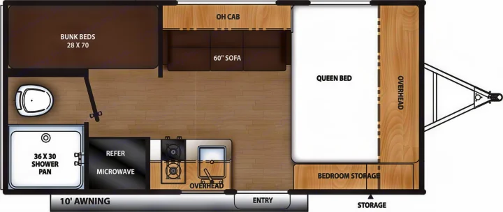 This RV rental floor plan displays a queen bed, bunk beds, sofa, kitchen, and bathroom layout, ideal for family trips.. Coachmen Other 2024