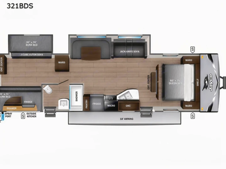 RV rental: Jayco 321BDS travel trailer floor plan showcasing a queen bed, bunk beds, kitchen, and bathroom layout.. Jayco Jay Flight SLX 2026