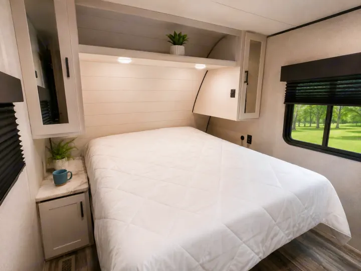 Cozy RV rental bedroom with comfortable bed, overhead storage, and a scenic window view for your next adventure.. Jayco Jay Flight SLX 2026