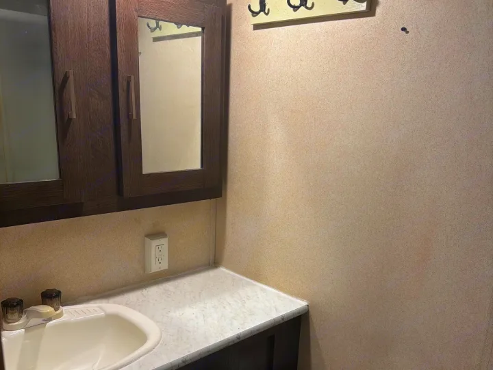 This RV rental features a compact bathroom vanity with a white sink, mirror medicine cabinet, and electrical outlet on a textured wall.. Forest River Salem Cruise Lite 2018