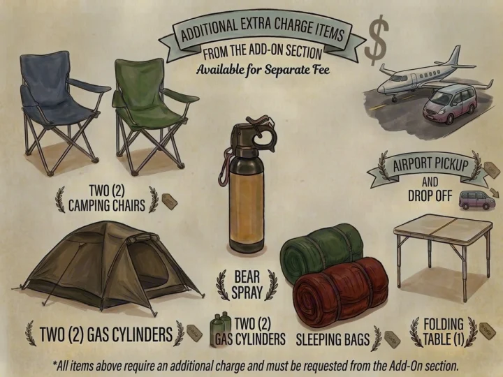 RV rental camping gear add-ons: chairs, tent, bear spray, gas, sleeping bags, table, and airport pickup. Extra fees apply.. Toyota HIACE CAMPERVAN 2009