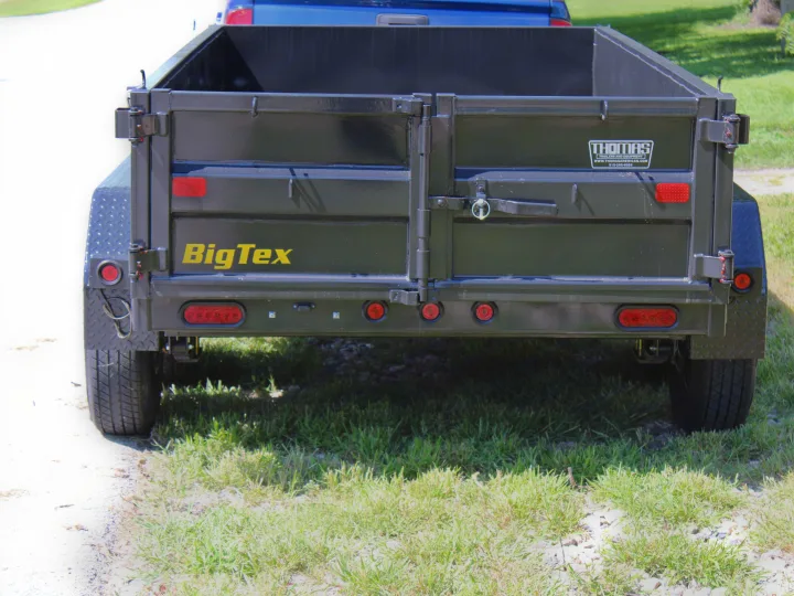 Rear view of a black BigTex utility trailer for hauling. Ideal for equipment transport, perfect with your RV rental.. Big Tex 70SR 2027