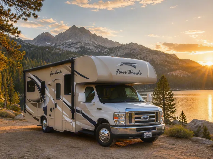 RV rental: Four Winds motorhome by a scenic lake at sunset. Mountains and pine trees complete this perfect outdoor adventure.. Thor Four Winds 2018