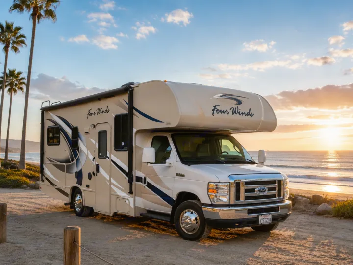 Experience beachside serenity! This Four Winds rv rental rests by ocean waves and a beautiful sunset with palm trees.. Thor Four Winds 2018