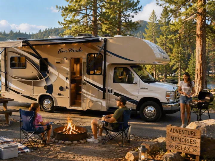 Enjoy family camping with an RV rental! A family relaxes by their Four Winds RV, campfire, and grill in a beautiful forest and lake setting.. Thor Four Winds 2018