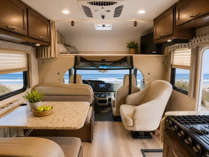 RV rental interior showcasing dining, kitchen, overhead bed, driver's area, and a beautiful beach view outside.. Thor Four Winds 2018