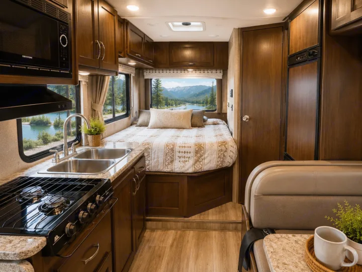 Scenic rv rental interior featuring a kitchen with microwave/sink, comfortable bed, and dinette, framed by lake and mountain views.. Thor Four Winds 2018