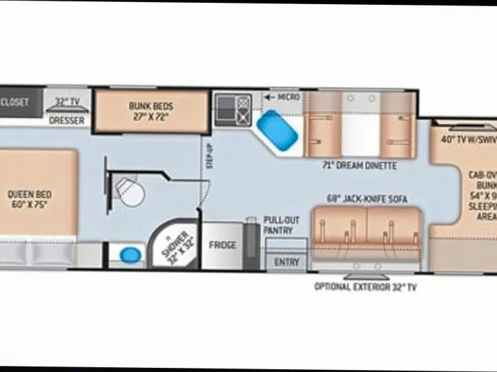 RV rental floor plan: Queen bed, bunk beds, dinette, sofa, kitchen, and bath layout. Ideal for family road trips.. Thor Four Winds 2020