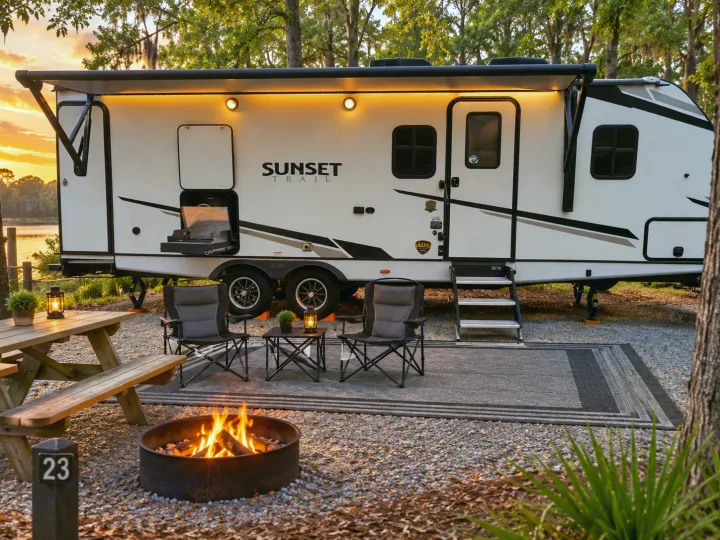 RV rental at a scenic campsite during sunset. Features an outdoor kitchen, fire pit, picnic table, and cozy seating on an outdoor rug.. Crossroads RV Sunset Trail Super Lite 2022