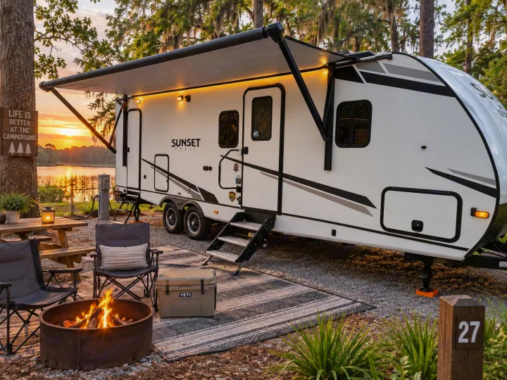 Enjoy this lakeside RV rental experience! A Sunset Trail RV, cozy campfire, and picnic setup glow under a beautiful sunset.. Crossroads RV Sunset Trail Super Lite 2022