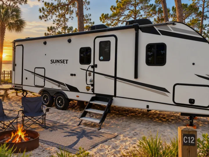 Relaxing RV rental travel trailer camping on a sandy beachfront campsite at sunset, with a glowing fire pit.. Crossroads RV Sunset Trail Super Lite 2022