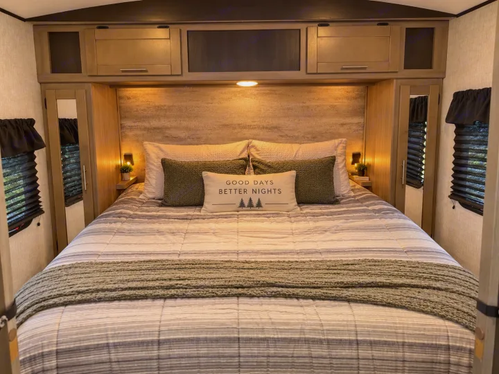 Relax in this cozy RV rental bedroom. It features warm lighting, wood accents, striped bedding, and overhead cabinets for storage.. Crossroads RV Sunset Trail Super Lite 2022