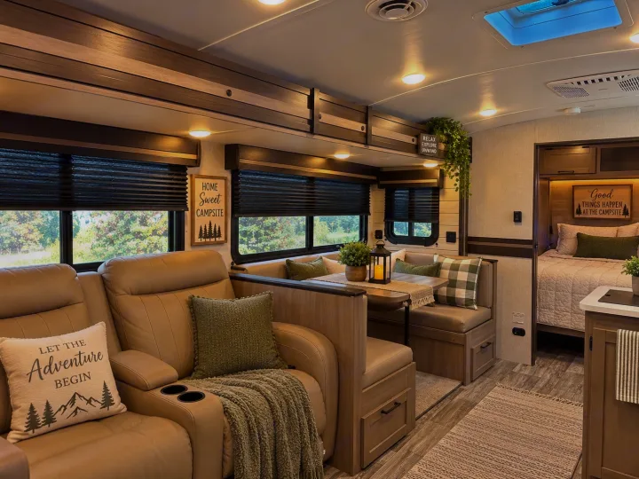 Step inside this cozy RV rental! Features include a comfy living room, dining booth, and bedroom with rustic decor. Perfect for adventure.. Crossroads RV Sunset Trail Super Lite 2022