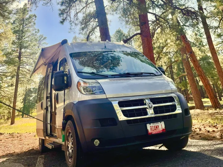 Explore nature with this rv rental! A silver camper van with its awning out, parked among tall pine trees on a sunny day.. Hymer Carado 2018