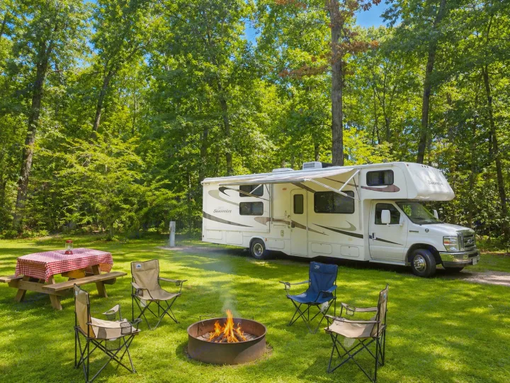 Spacious RV rental campsite: Sunseeker motorhome, crackling fire pit, picnic table, and chairs amidst green trees.. Forest River Sunseeker 2011