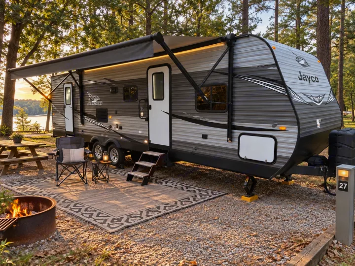 An RV rental, a Jayco travel trailer, is set up at a scenic lakeside campsite with a fire pit and extended awning.. Jayco Jay Flight 2021