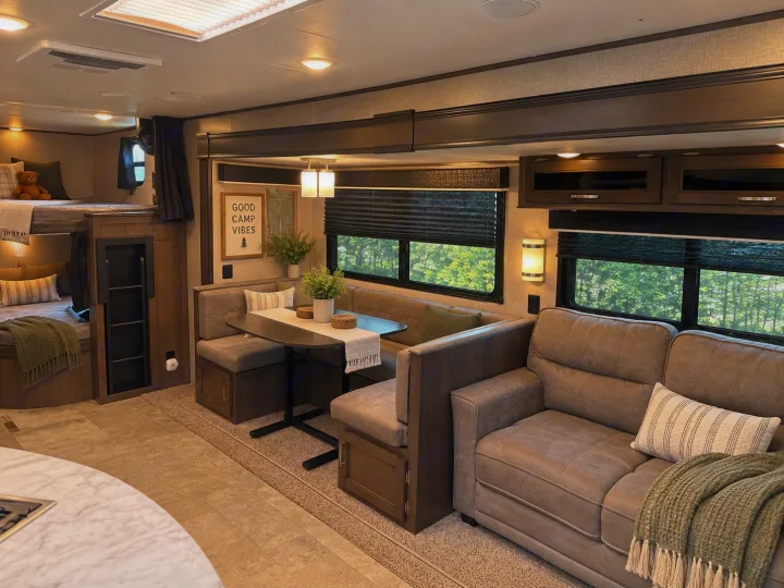 Explore a modern RV rental interior featuring a comfy sofa, dinette, and cozy bunk beds. Ideal for your next trip!. Jayco Jay Flight 2021