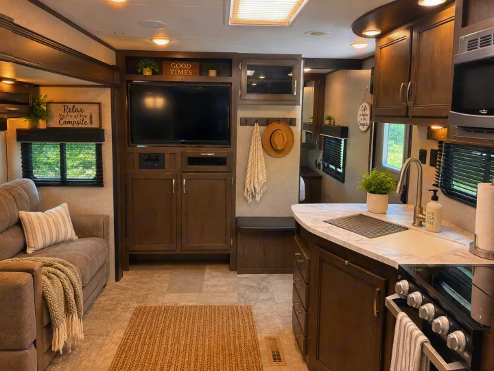 Stylish RV rental interior featuring a modern kitchen, cozy living space, and warm decor for your next adventure.. Jayco Jay Flight 2021