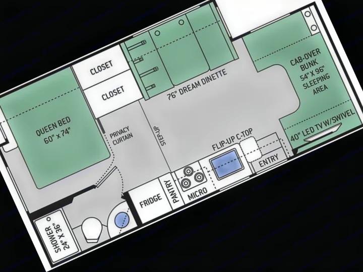 RV rental floor plan: queen bed, bath, kitchen, dinette, and cab-over bunk. Detailed interior layout.. Thor Freedom Elite 2018
