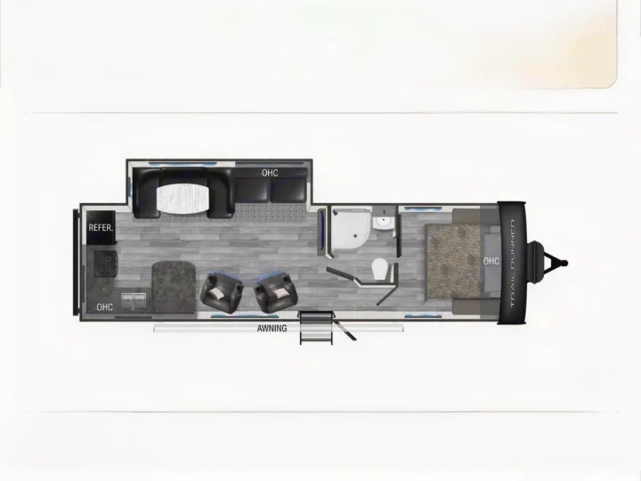 Explore this RV rental's detailed floor plan, featuring a kitchen, dinette, lounge area, bathroom, and bedroom. Awning shown.. Heartland RVs Trail Runner 2022