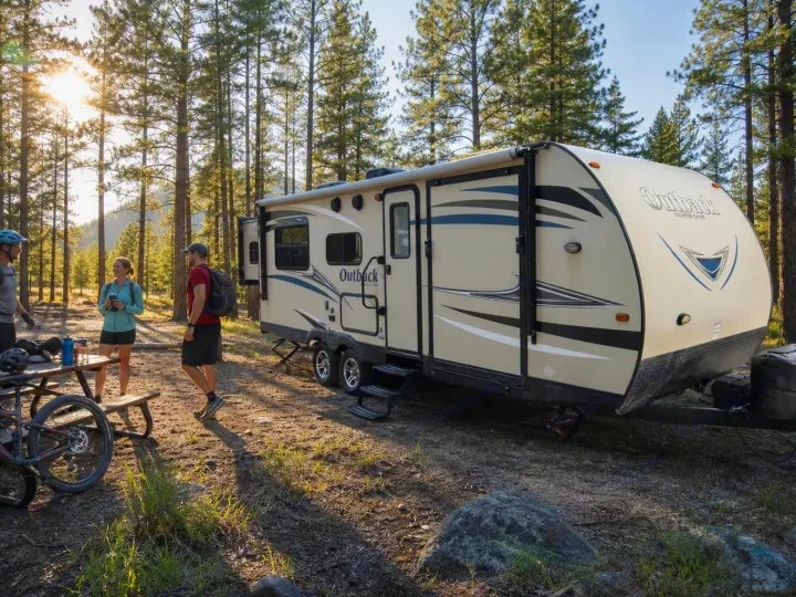 Three friends relax at a sun-dappled forest campsite with an Outback rv rental. A travel trailer, picnic table, and bikes suggest outdoor adventure.. Keystone Outback 2017