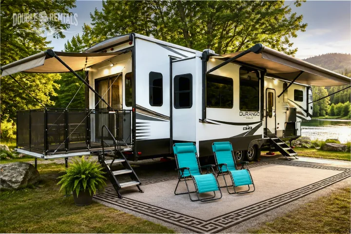 Luxury rv rental with an expansive outdoor patio deck, dual awnings, and teal chairs, parked by a serene lake for ultimate camping.. KZ Durango Gold 2022