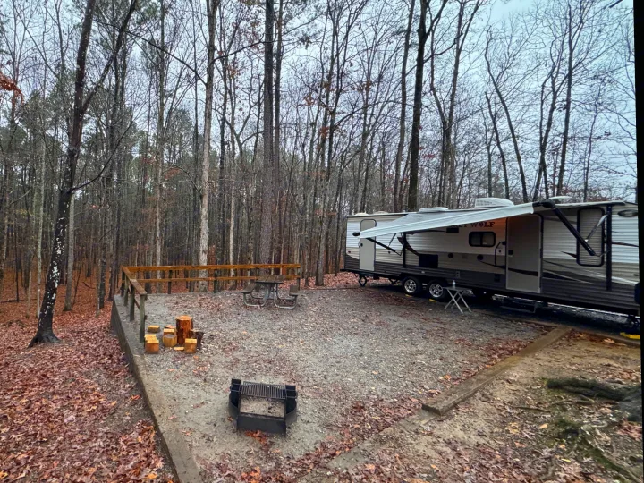 RV rental parked at a forest campsite with a picnic table, fire pit, and fallen leaves among bare trees.. Forest River Cherokee Grey Wolf 2016