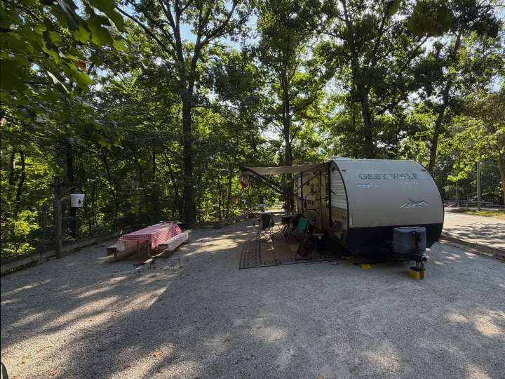 Grey Wolf rv rental at a shady gravel campsite, featuring a picnic table, chairs, and lush green trees all around.. Forest River Cherokee Grey Wolf 2016