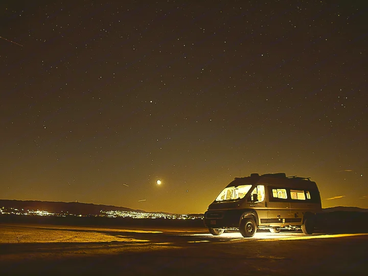 An RV rental illuminated under a vast, star-filled night sky, with distant city lights. Ideal for serene camping adventures.. Thor Sequence 2022