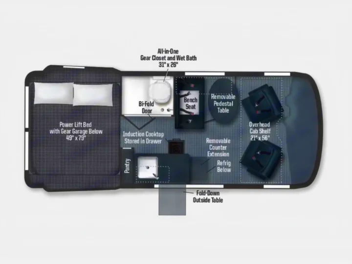 This rv rental floor plan shows a compact layout with a power lift bed, wet bath, kitchen, and flexible dining area.. Winnebago Revel 2025