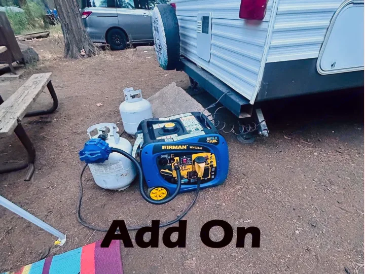 RV rental essential: Firman dual-fuel generator powered by propane tanks, providing power for a travel trailer.. Keystone RV Hideout 2009