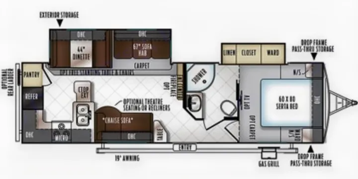 Detailed RV rental floor plan: travel trailer layout featuring living area, kitchen, bath, bedroom, and ample storage options.. Forest River Flagstaff Super Lite 2018