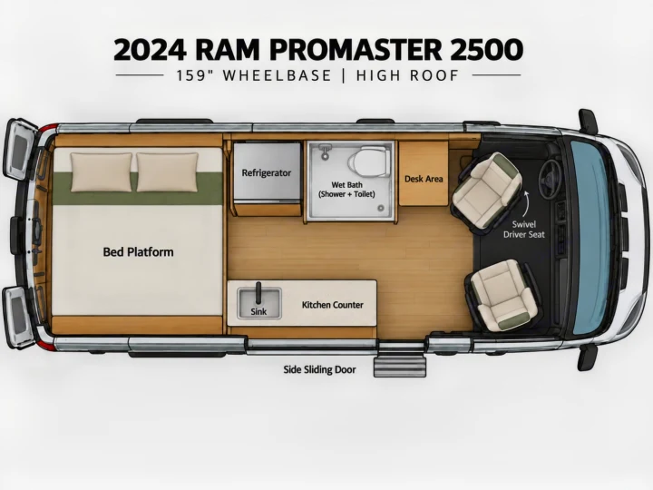Explore this 2024 Ram ProMaster 2500 camper van floor plan, ideal for an RV rental, showing its bed, kitchen, and wet bath.. Dodge Ram 2500 2024