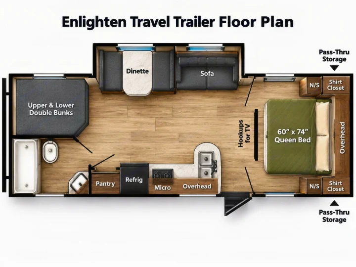 Enlighten Travel Trailer floor plan reveals a spacious rv rental interior with queen bed, bunks, dinette, kitchen, and bath.. Gulf Stream Enlighten SE 2025