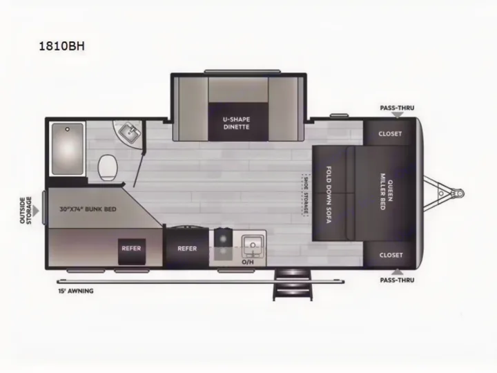 This 1810BH travel trailer RV rental floor plan shows a queen bed, bunks, U-shaped dinette, kitchen, and full bath layout.. Keystone RV Springdale 2024