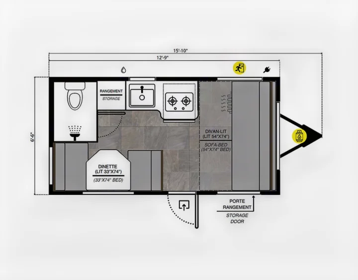 RV rental floor plan: Compact camper interior with dinette (bed), sofa-bed, kitchen, and shower/toilet combo. Efficient travel layout.. Prolite Lounge 2022
