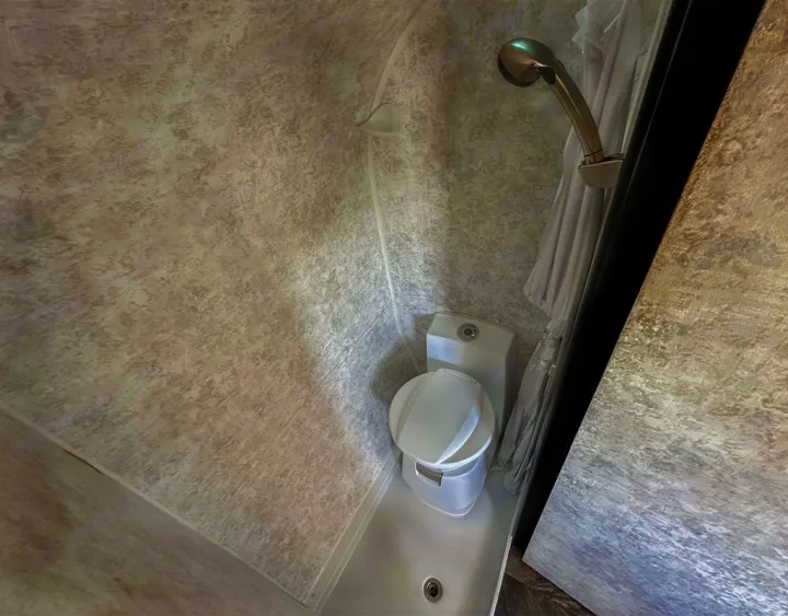 Compact rv rental wet bath with a white toilet, chrome shower head, and light gray textured walls. Practical RV bathroom space.. Prolite Lounge 2022