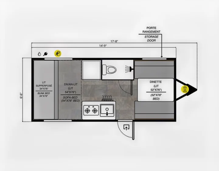 RV rental floor plan shows a compact travel trailer with bunk, sofa, and dinette beds, plus kitchen and bathroom.. Prolite Evasion 2021