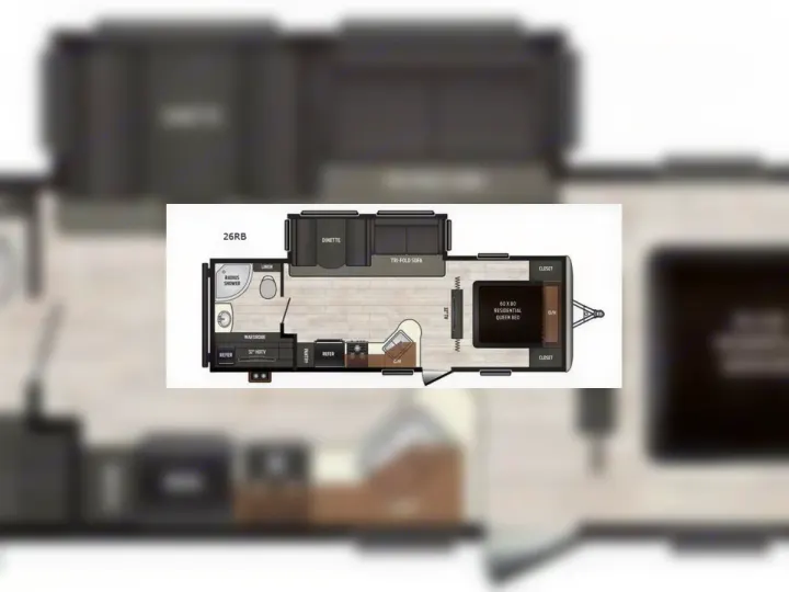 Interior layout of a 26RB travel trailer floor plan, featuring queen bed, kitchen, bath, dinette, and sofa. Ideal for an rv rental.. Keystone RV Sprinter Campfire Edition 2018