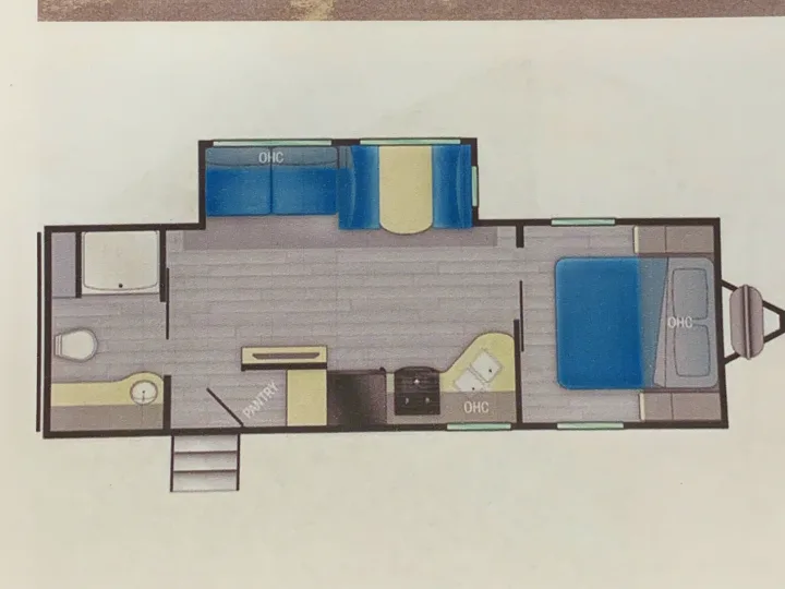 Blue Star RV rental travel trailer shown with detailed floorplan, featuring bedroom, kitchen, and bath. Perfect for adventures.. Heartland RVs Trail Runner 2021