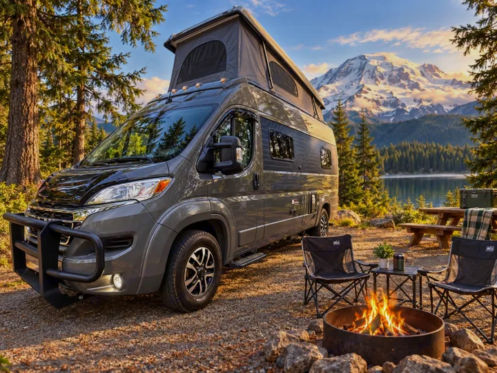 Discover nature's beauty with an RV rental. Camper van, mountain lake, and campfire create a perfect camping scene.. Winnebago Roam 2024