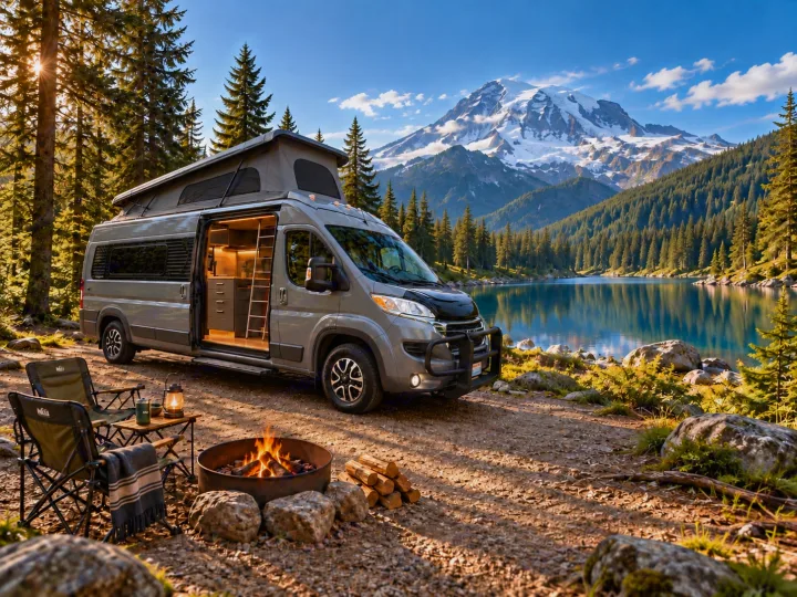 RV rental ready for adventure: Camper van by a clear lake, snow-capped mountain, and warm campfire.. Winnebago Roam 2024