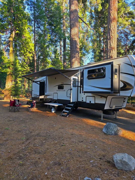 Sprinter RV rental parked in a sunlit forest campsite with an extended awning, chairs, and table on pine-needle ground.. Keystone RV Sprinter Limited 2021
