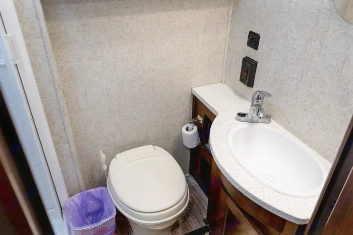 This compact RV rental bathroom includes a toilet, sink with counter, and wall-mounted controls, offering essential facilities.. Forest River Forester 2020