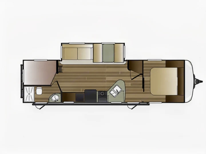 Detailed RV rental floor plan: Travel trailer interior layout showing front bedroom, kitchen, living, and rear bathroom.. Keystone RV Cougar 2019