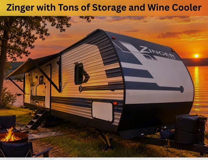 Experience stunning sunsets by the lake in this Zinger travel trailer RV rental, complete with a cozy campfire.. Crossroads RV Zinger 2021