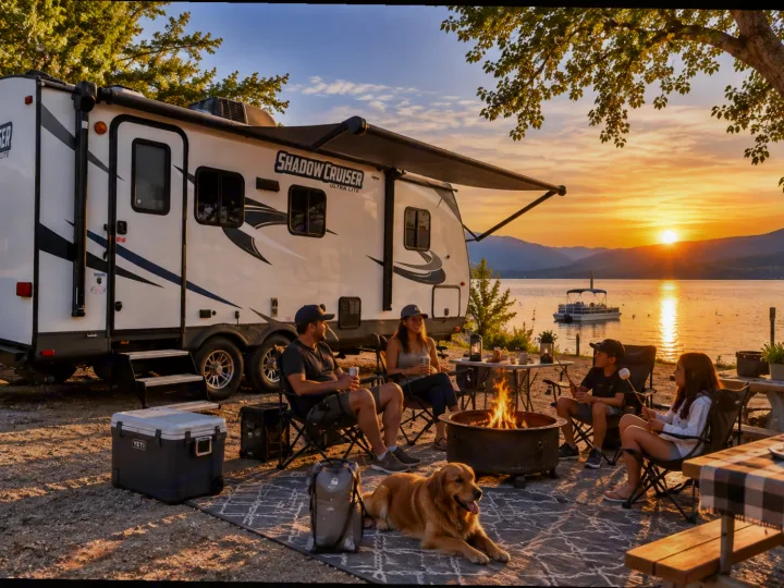 Lakeside RV rental camping at sunset with family, dog, and campfire. Enjoy your perfect outdoor adventure!. Cruiser RV Shadow Cruiser 2024