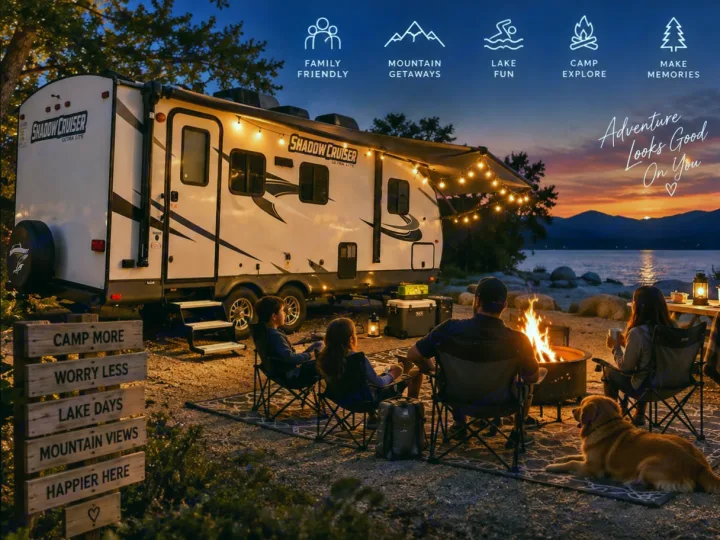 Family campfire by the lake with an RV rental at sunset. Perfect for mountain getaways & making memories.. Cruiser RV Shadow Cruiser 2024