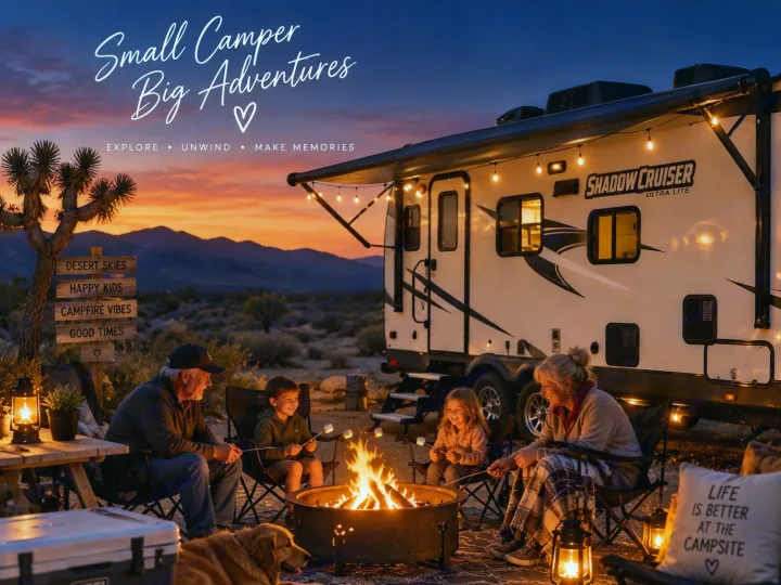 Family camping fun! Grandparents, kids & dog enjoy an RV rental around a campfire at sunset, making memories.. Cruiser RV Shadow Cruiser 2024